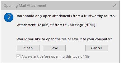 A warning dialog triggered by an email attachment