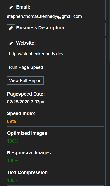 Sample Page Speed data for my own website